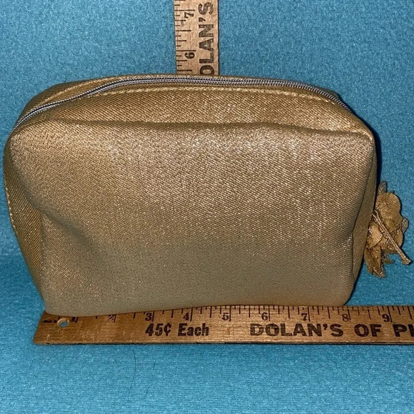 LANCÔME metallic gold makeup bag gold  flower zipper pull tiny flaws NEW - Picture 7 of 9